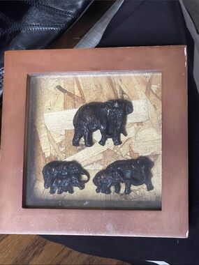 Forward Elephants in shadowbox. Brown frame w/Black 5 Elephant Sculptures